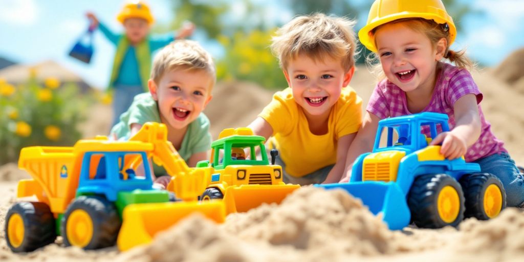 Children playing with colorful toy earth movers outdoors.