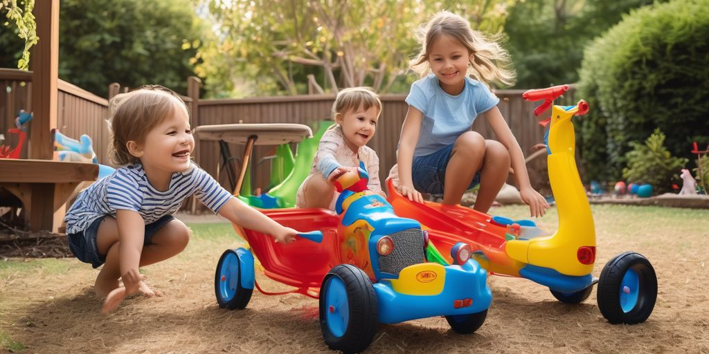 children playing with ride-on toys in a backyard adventure