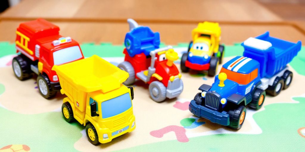 Colorful toy trucks for kids on a play mat.