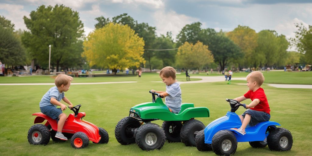 children playing with power wheels trucks in a park