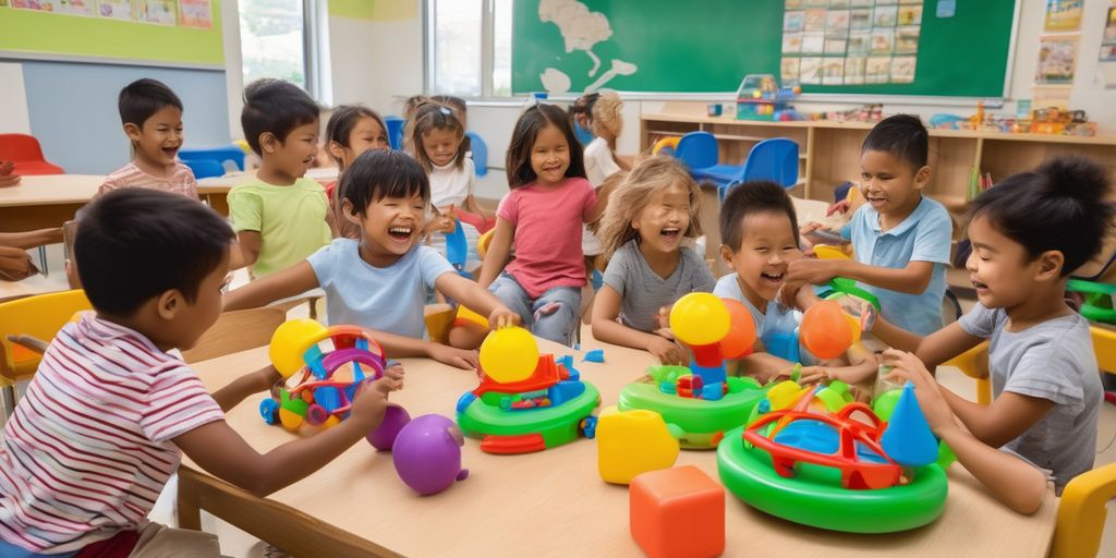 children playing with educational ride-on toys in a classroom