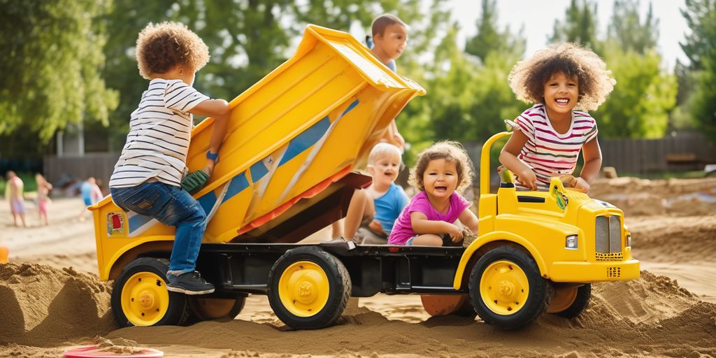 children playing with ride-on dump truck in sandbox