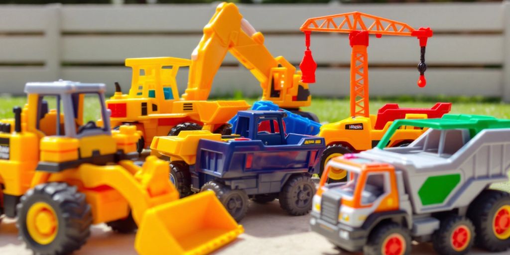 Colorful toy construction vehicles on a sunny playground.