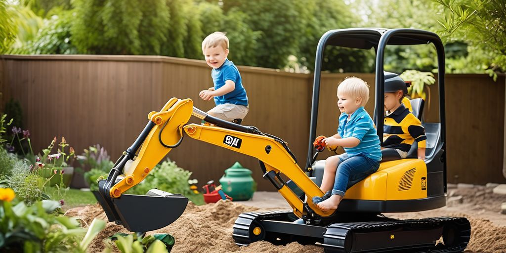 children playing with ride-on electric excavator in garden