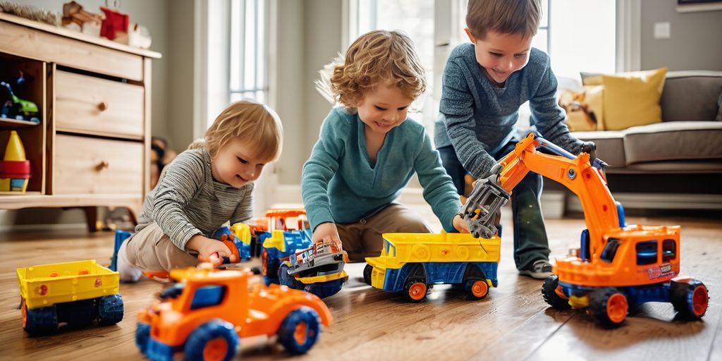 children playing with toy construction vehicles indoors and outdoors