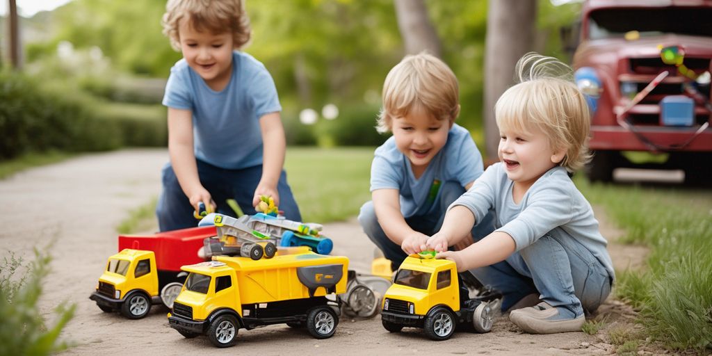 children playing with toy trucks outdoors