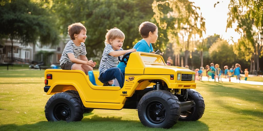kids playing with truck power wheels in a park