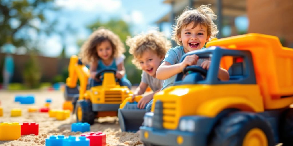 Children playing with colorful ride-on construction toys outdoors.