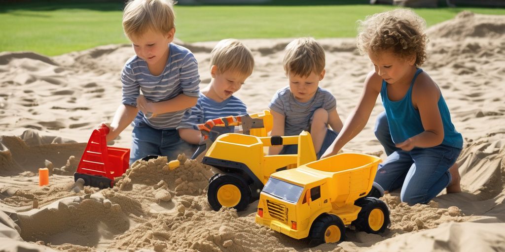 children playing with toy construction equipment in a sandbox