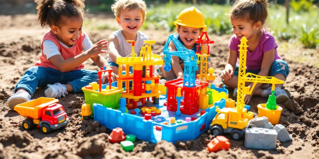 Children playing with colorful construction site toys outdoors.