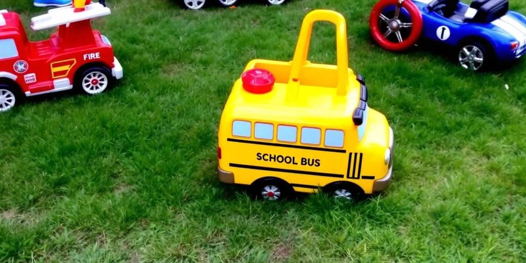 Assorted colorful ride-on toys for preschoolers on grass.