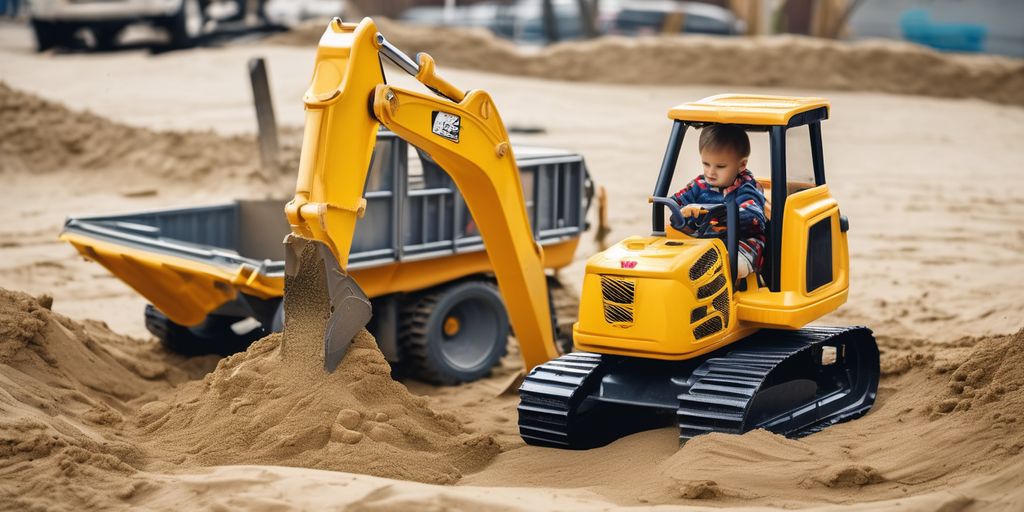 children playing with excavator toy in a sandbox