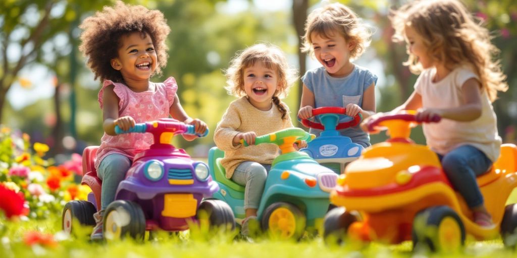 Children playing with colorful ride-on toys in a park.