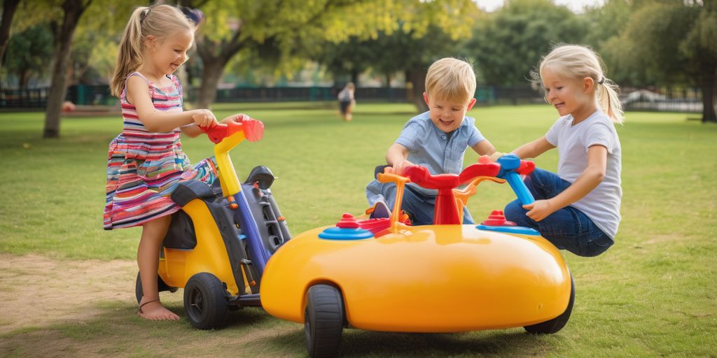 children playing with outdoor ride-on toys in a park