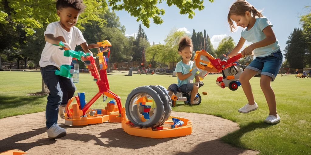 children playing with rideable construction toys in a park