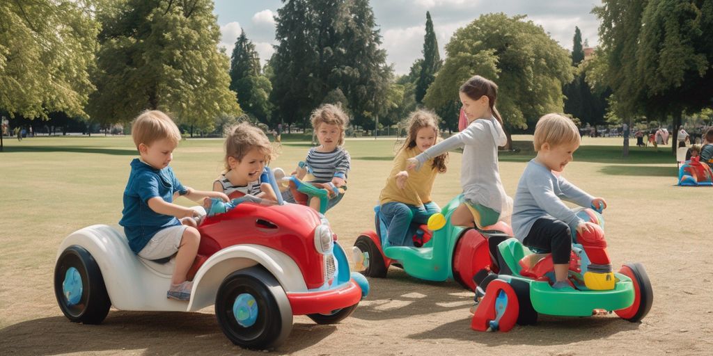 children playing with ride-on toys in a park