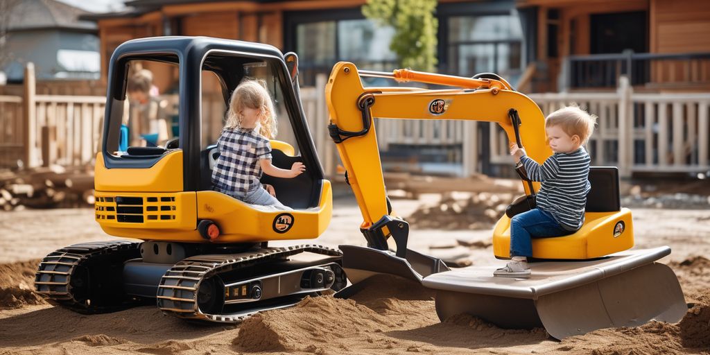 children playing with ride-on electric excavators in a construction-themed playground