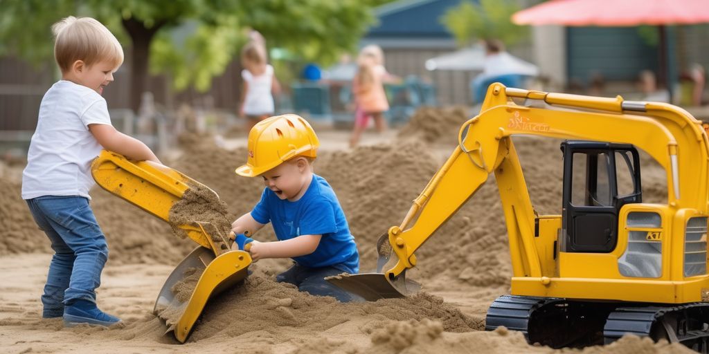 children playing with toy excavators in a sandbox