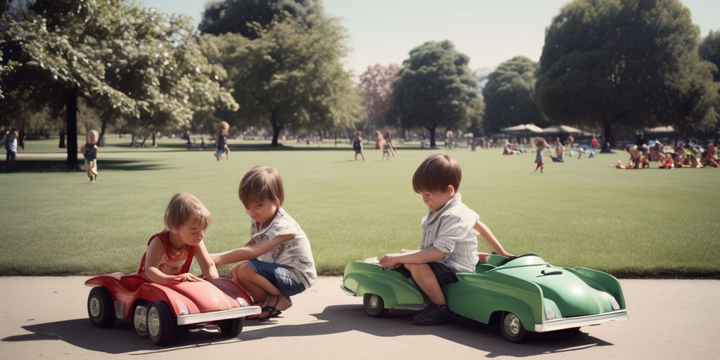 children playing with electric toy cars in a park