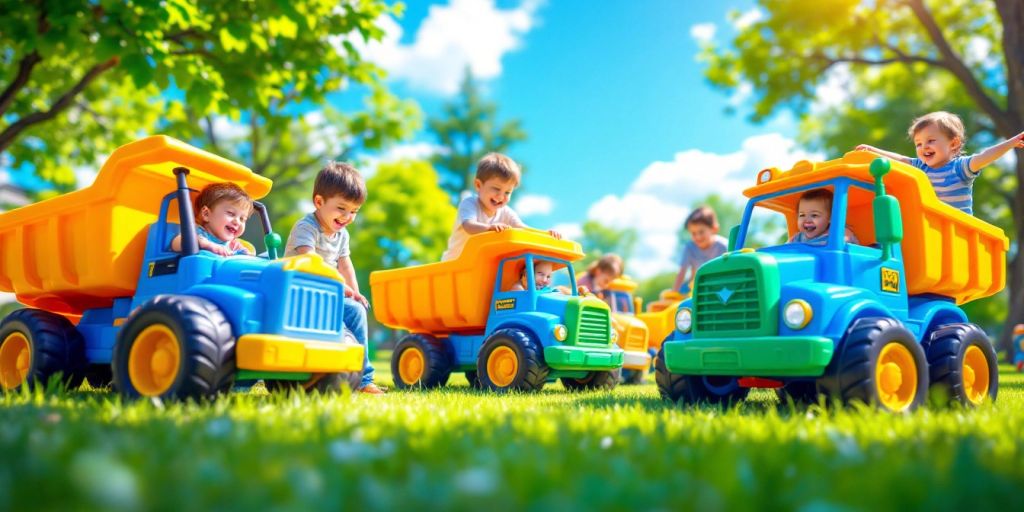 Colorful kids' trucks playing outdoors on a sunny day.