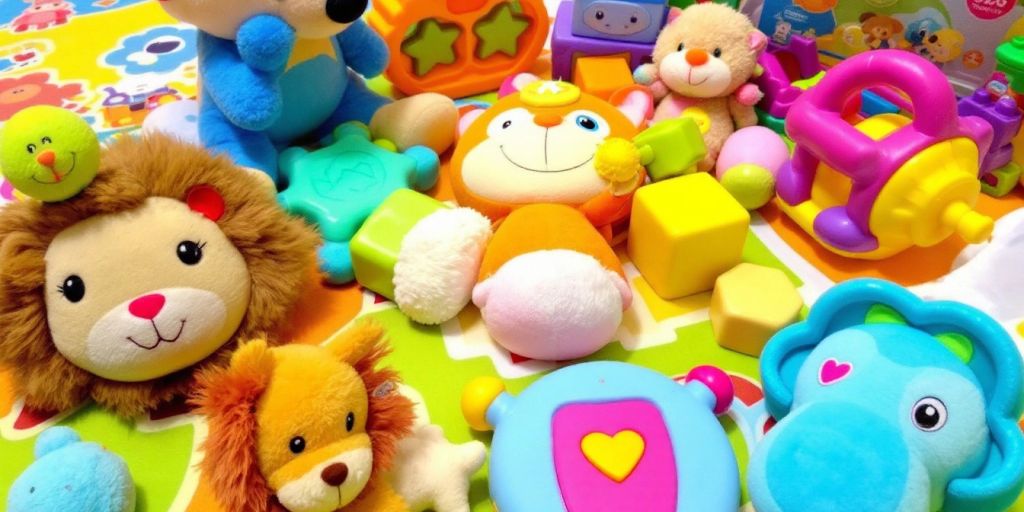 Colorful interactive toys for toddlers on a play mat.