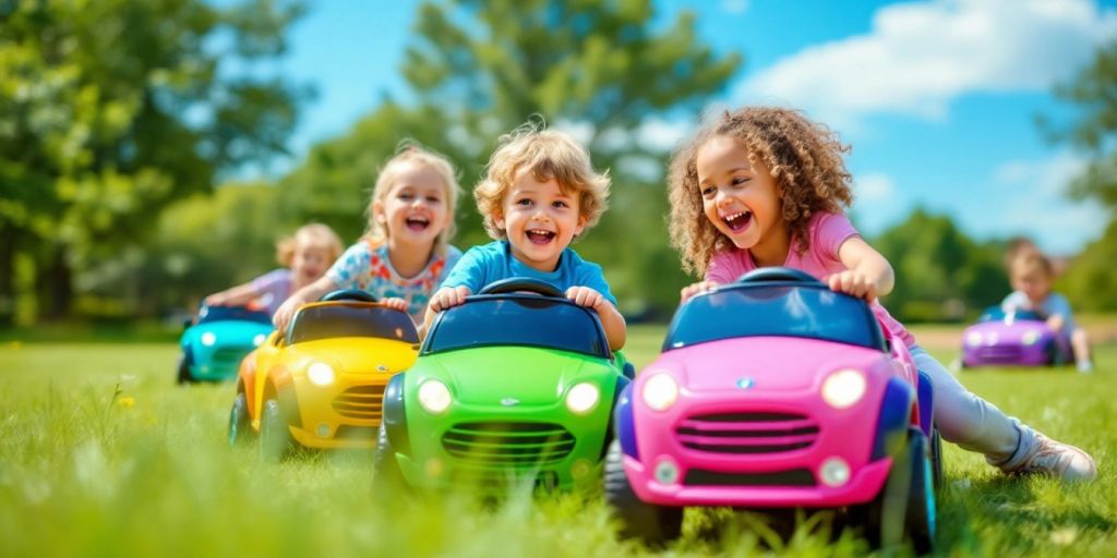 Children playing with colorful electric toy cars outdoors.