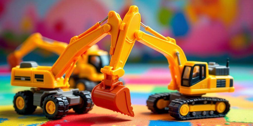 Colorful excavator toys on a playful surface.