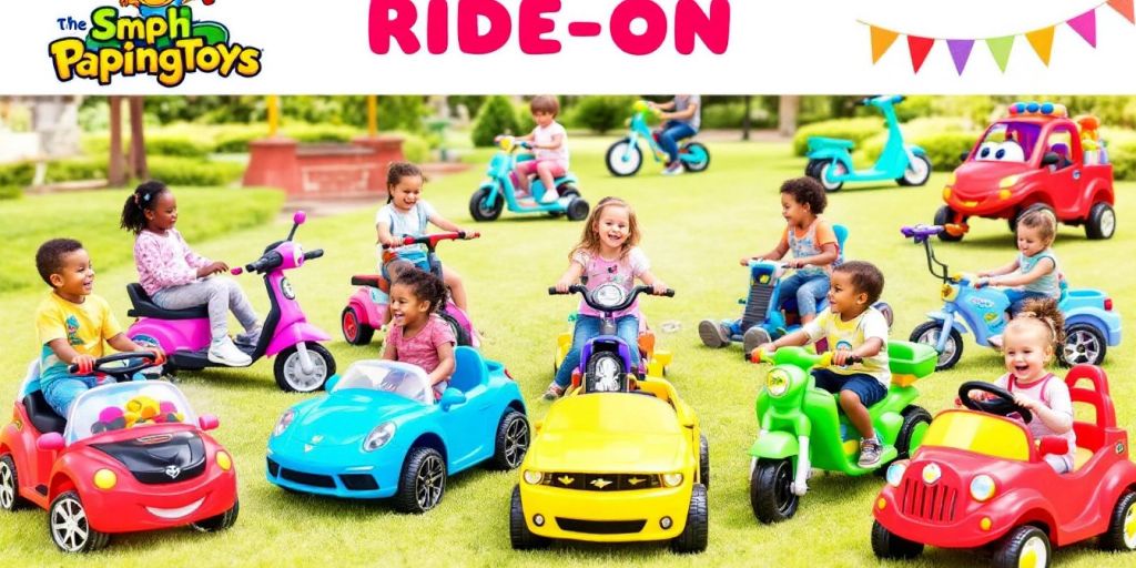 Colorful ride-on toys for kids in an outdoor setting.