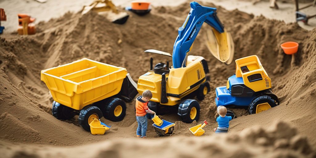 children playing with miniature construction equipment toys in a sandbox