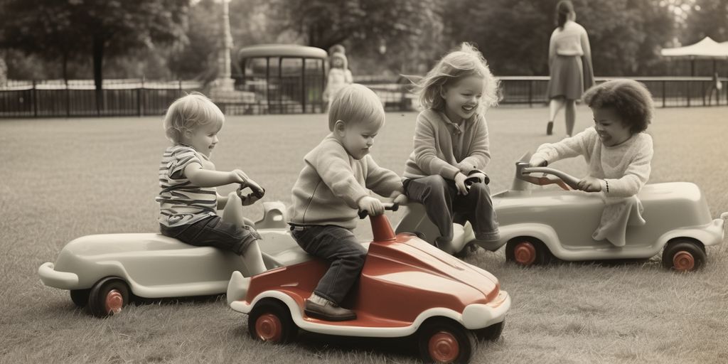 children playing with ride on toys in a park