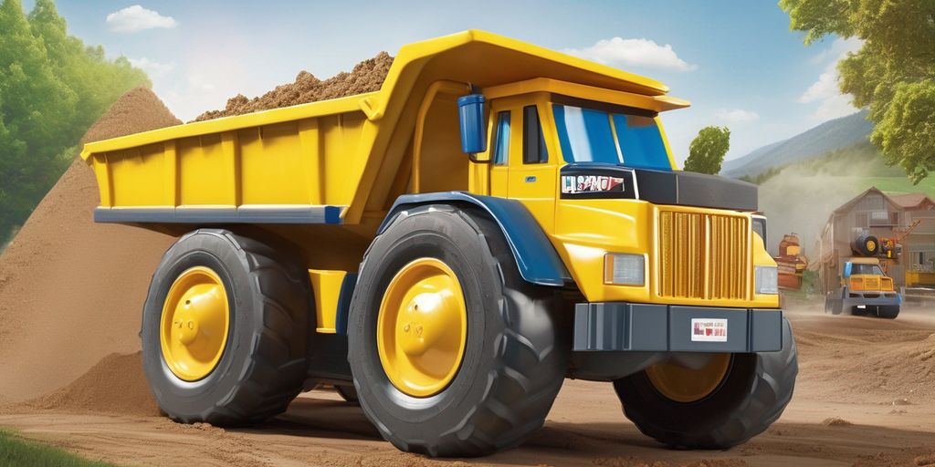 kids riding dump truck toy