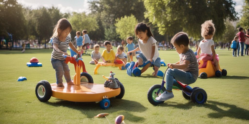 children playing with ride-on toys in a park