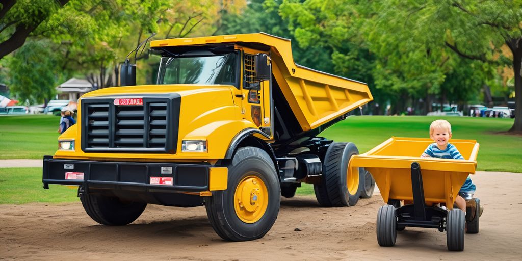 kids playing with ride-on dump trucks in a park