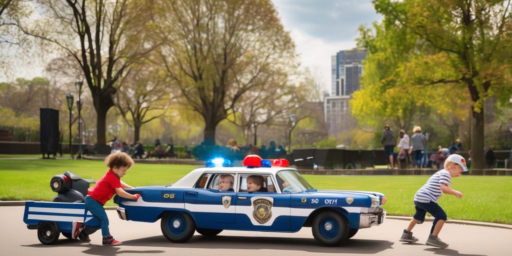 children playing with toy police car ride-ons in a park