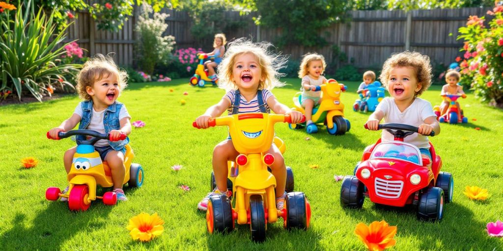 Children riding colorful toys in a sunny backyard.