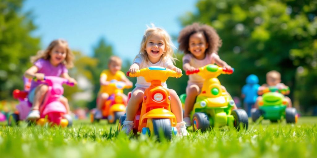 Children playing with colorful ride-on toys outdoors.