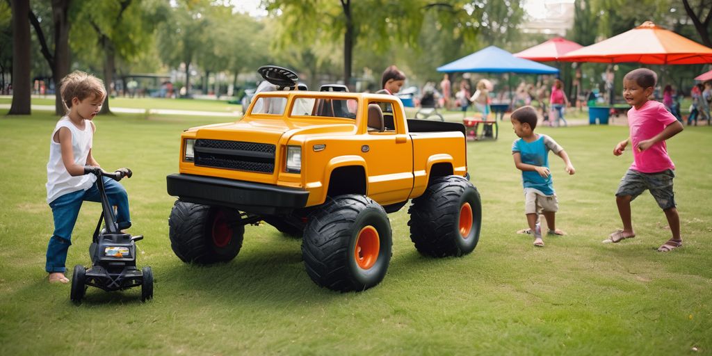 children playing with Power Wheels trucks in a park