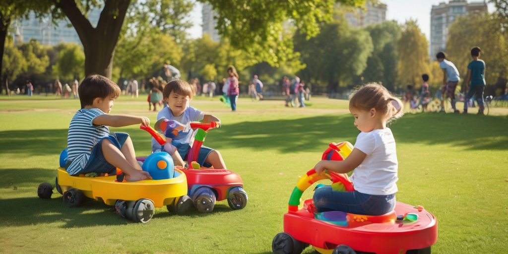 children playing with educational ride-on toys in a park