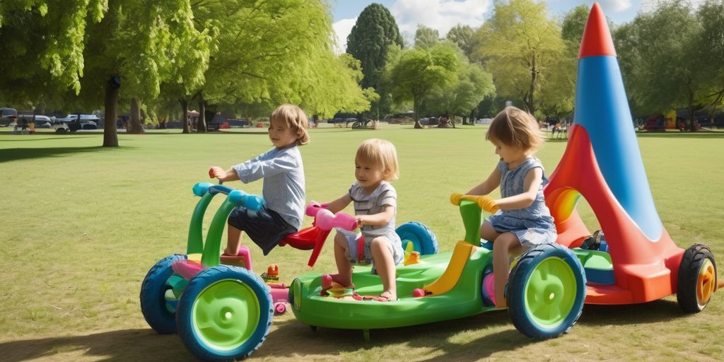 children playing with ride on toys in a park