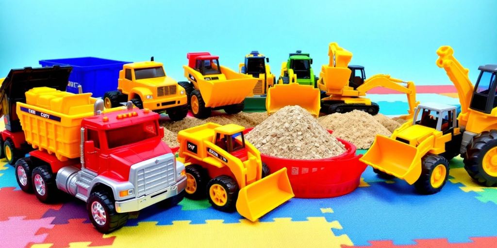 Colorful toy construction vehicles on a play mat.