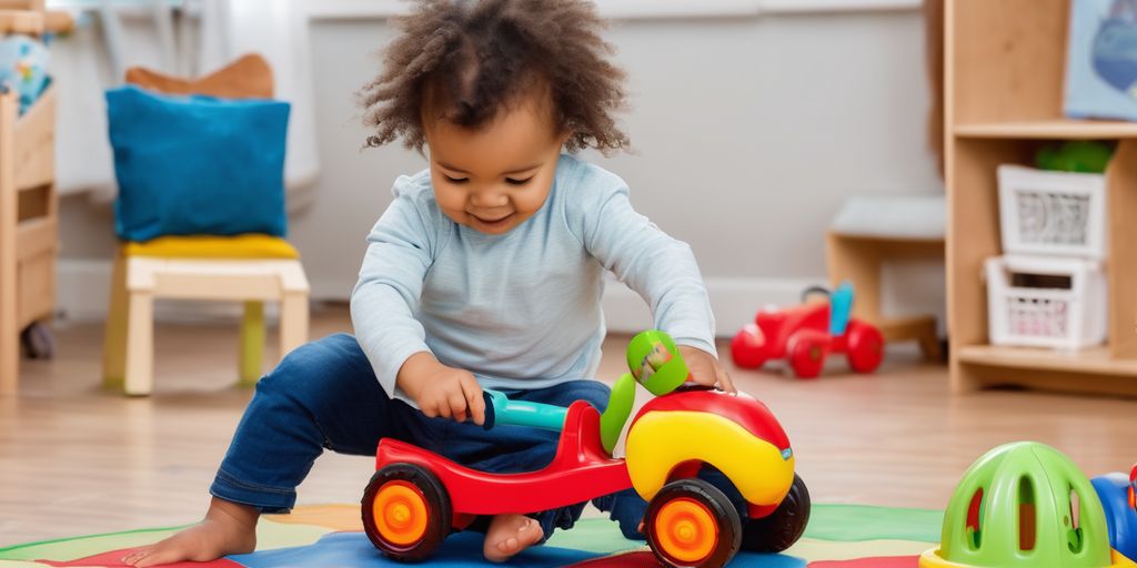 toddler playing with ride-on toy in a preschool setting