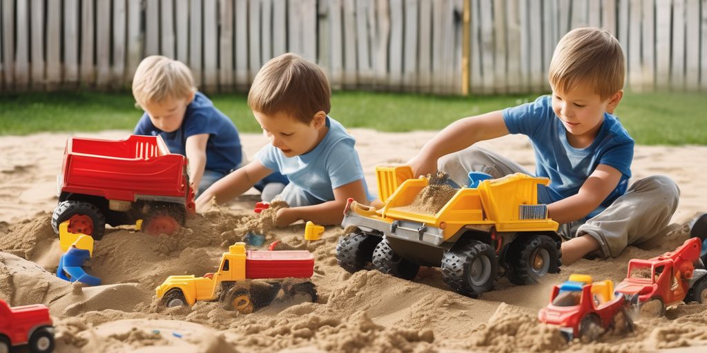 children playing with toy construction vehicles in a sandbox