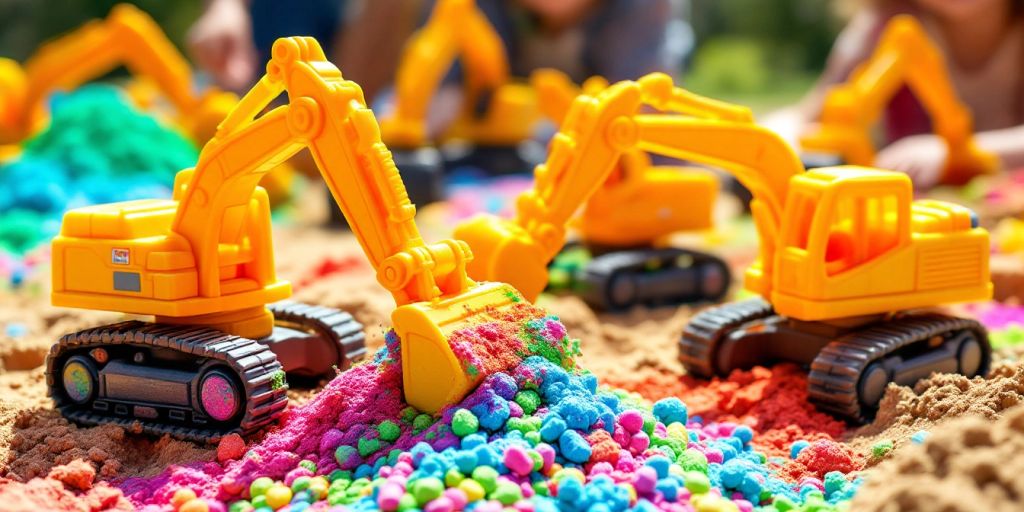 Colorful toy excavators digging in sand with children.