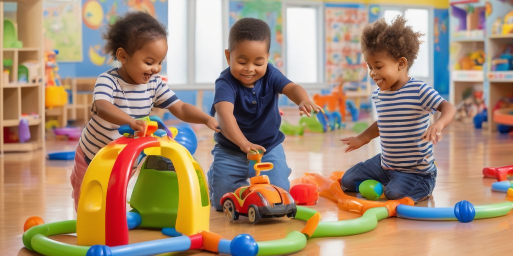 children playing with ride-on toys in a preschool setting