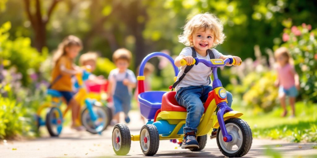 Children riding colorful outdoor toys in a sunny park.