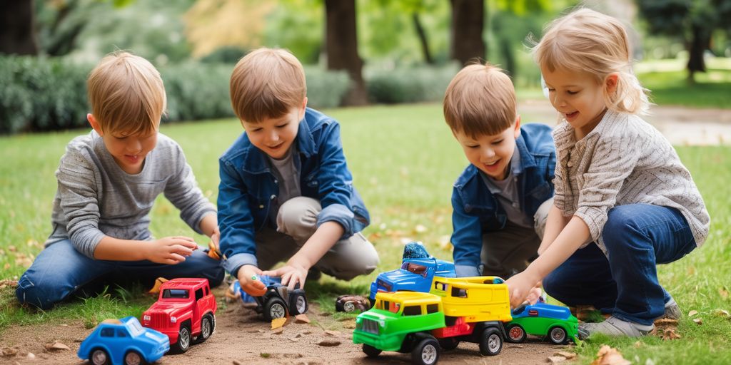 children playing with adventure toy trucks in a park