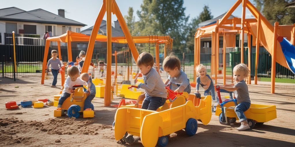 children playing with ride-on construction toys in a playground