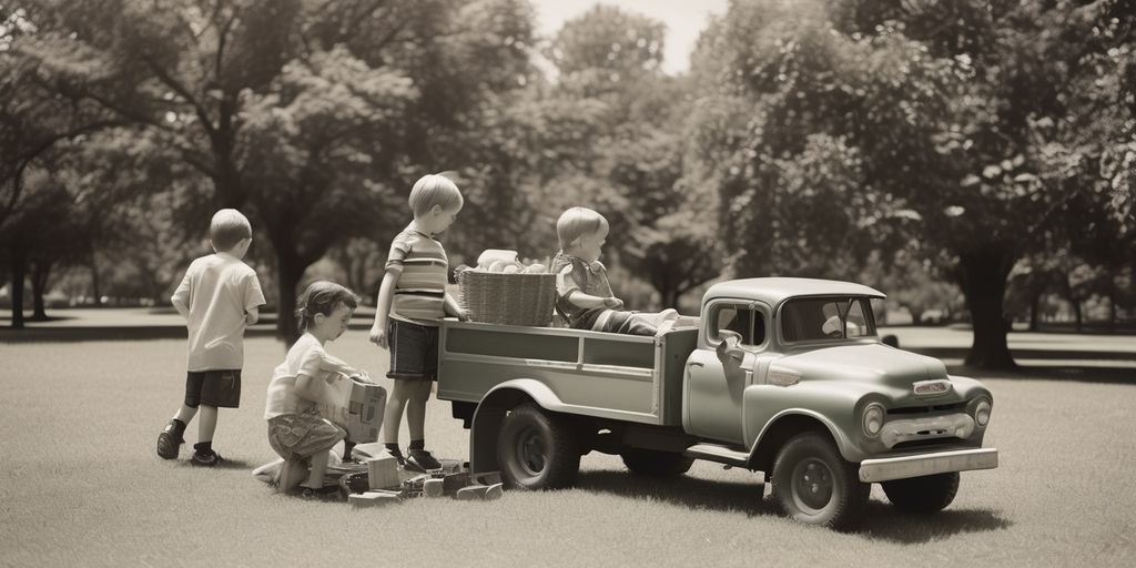 children playing with toy trucks in a park