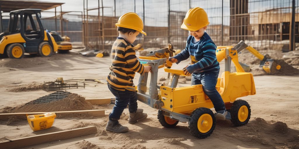 children playing with ride-on construction toys at a construction site