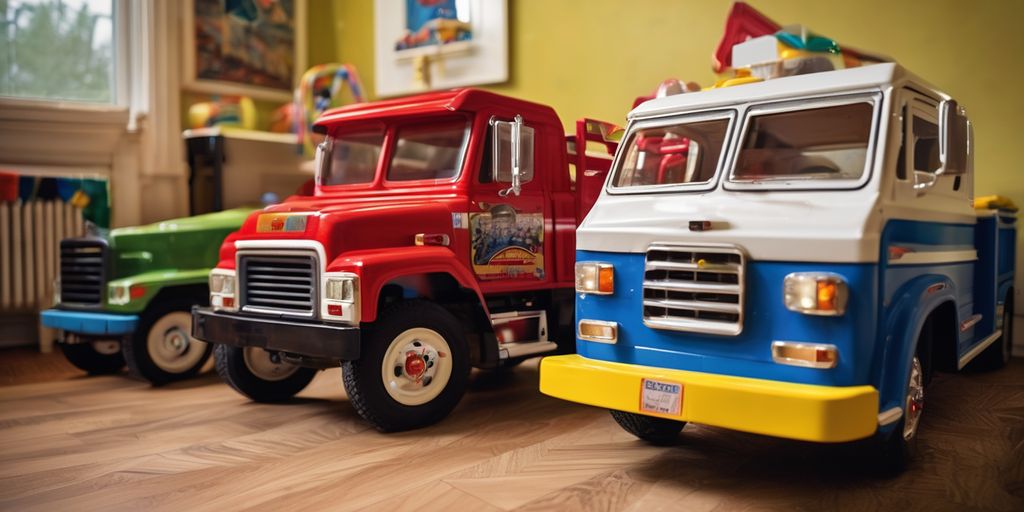 realistic toy trucks in a playroom